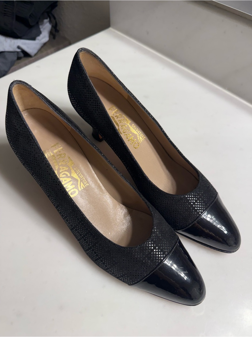 Salvatore Ferragamo Black Textured and Patent Cap Toe Pumps